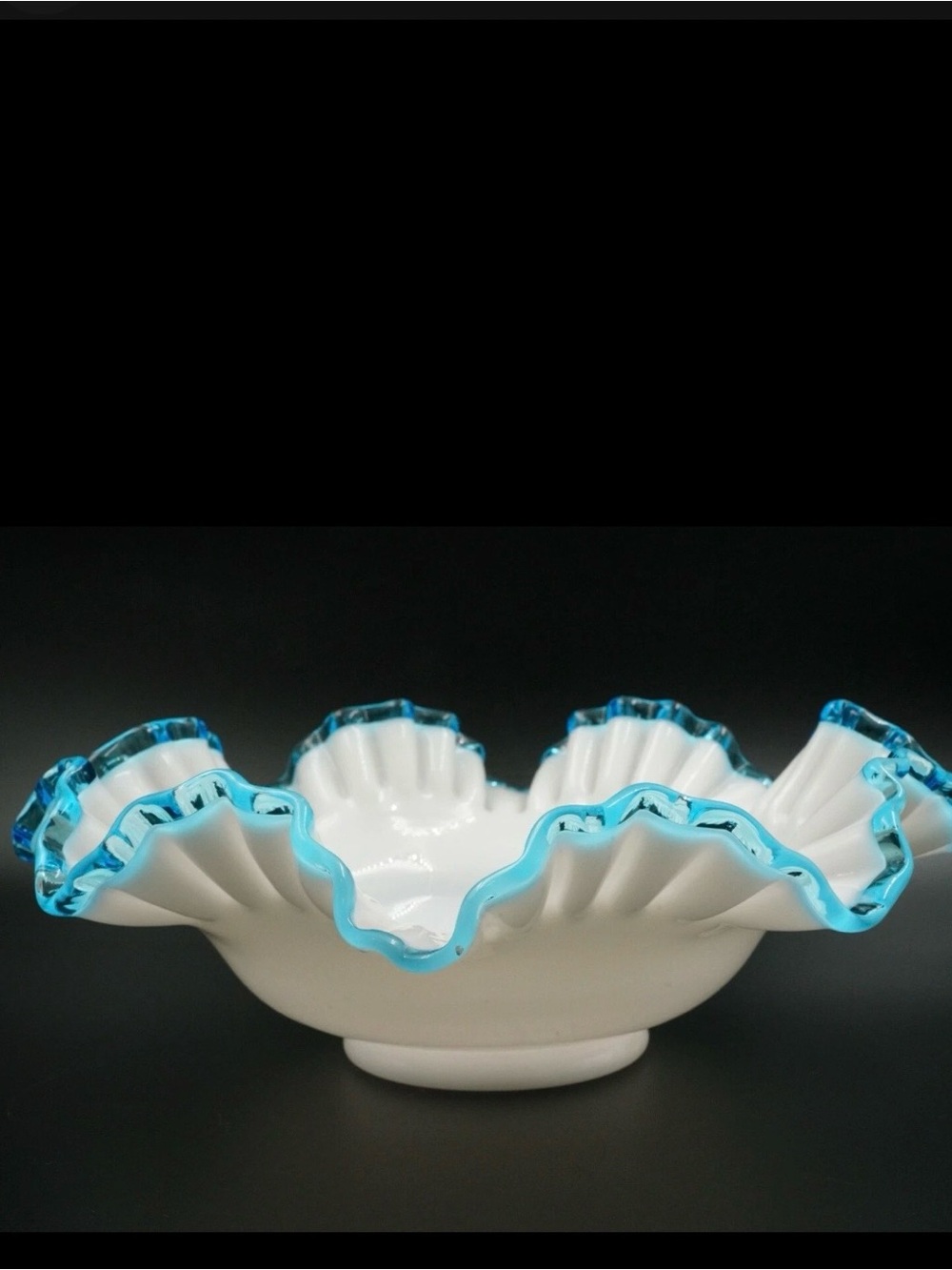 Fenton Blue Crest Large Ruffled Bowl, Milk Glass